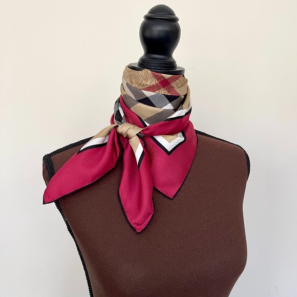 Burberry Scarf Beige Check Burgundy Red Border Silk Wrap - Picture 10 of 14